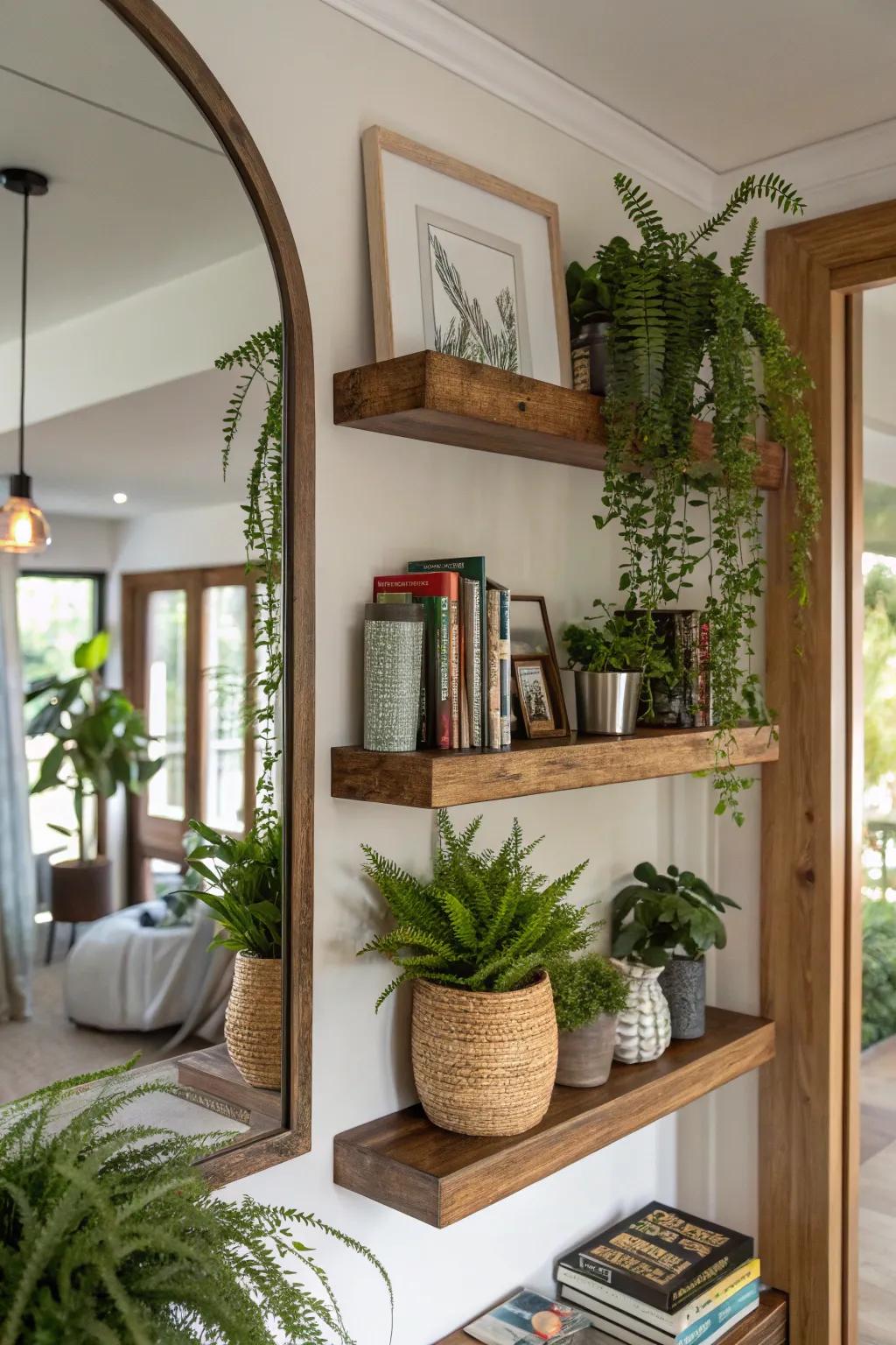 A thoughtfully utilized corner, enriched with a mirror and display ledges for additional charm.