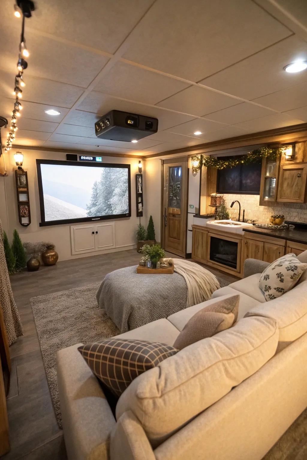 A snug entertainment spot boasting a big screen and plush seating, superb for family film evenings.