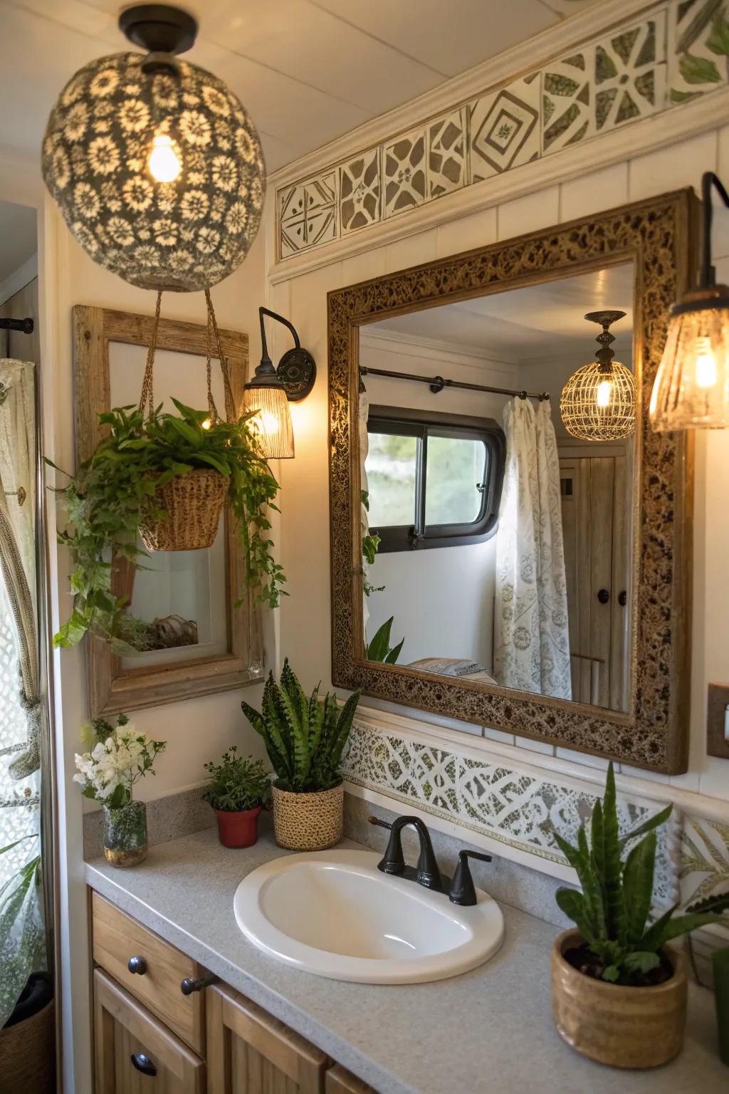 Ornamental embellishments bestow individuality and charm upon this bathroom.