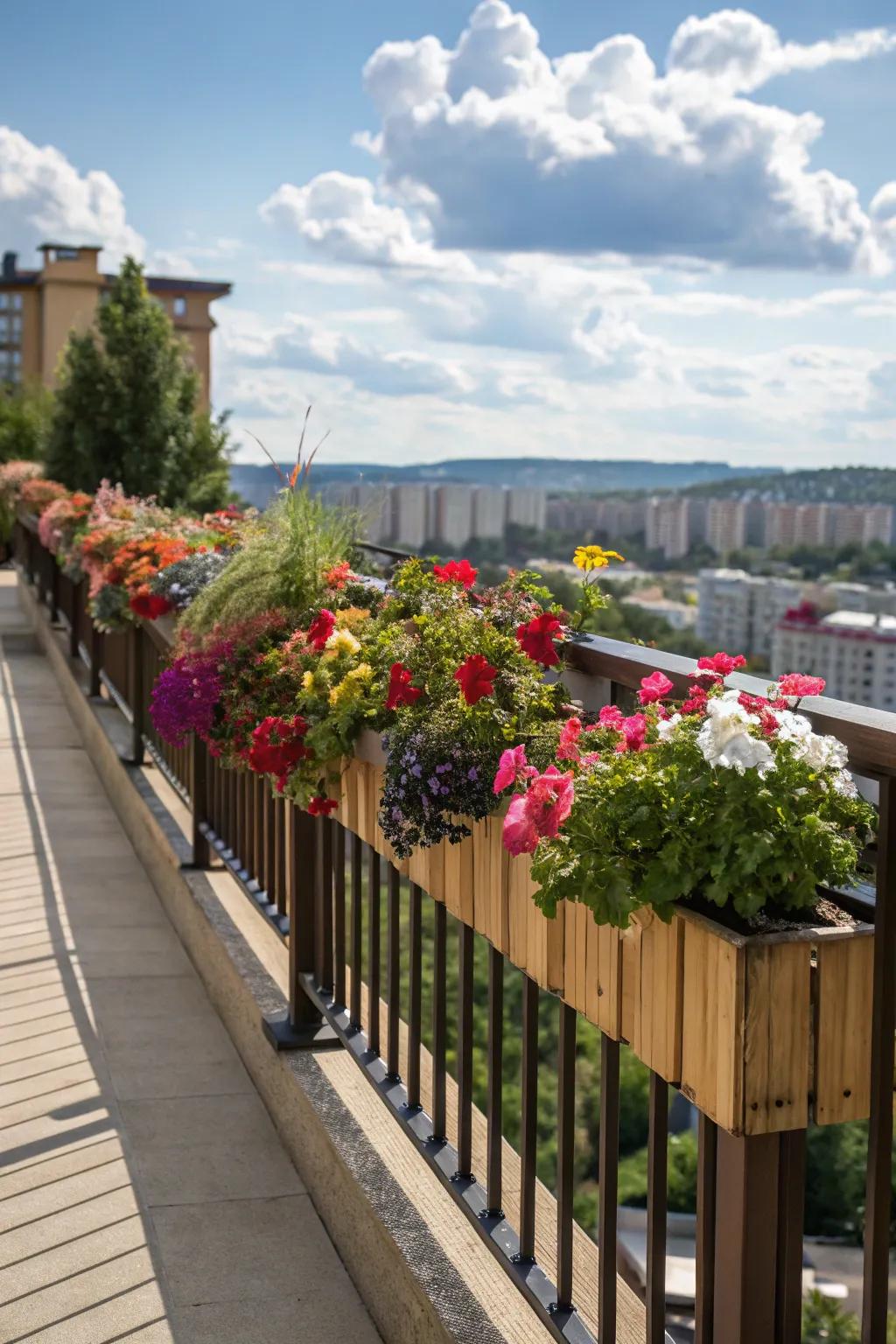 Balcony borders with integrated planters filled with colorful flowers
