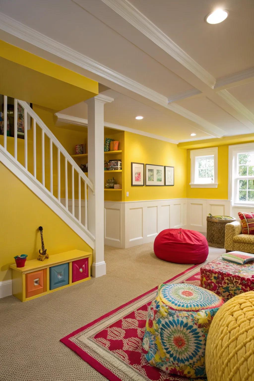 Radiant gold brings cheer and energy to your basement.
