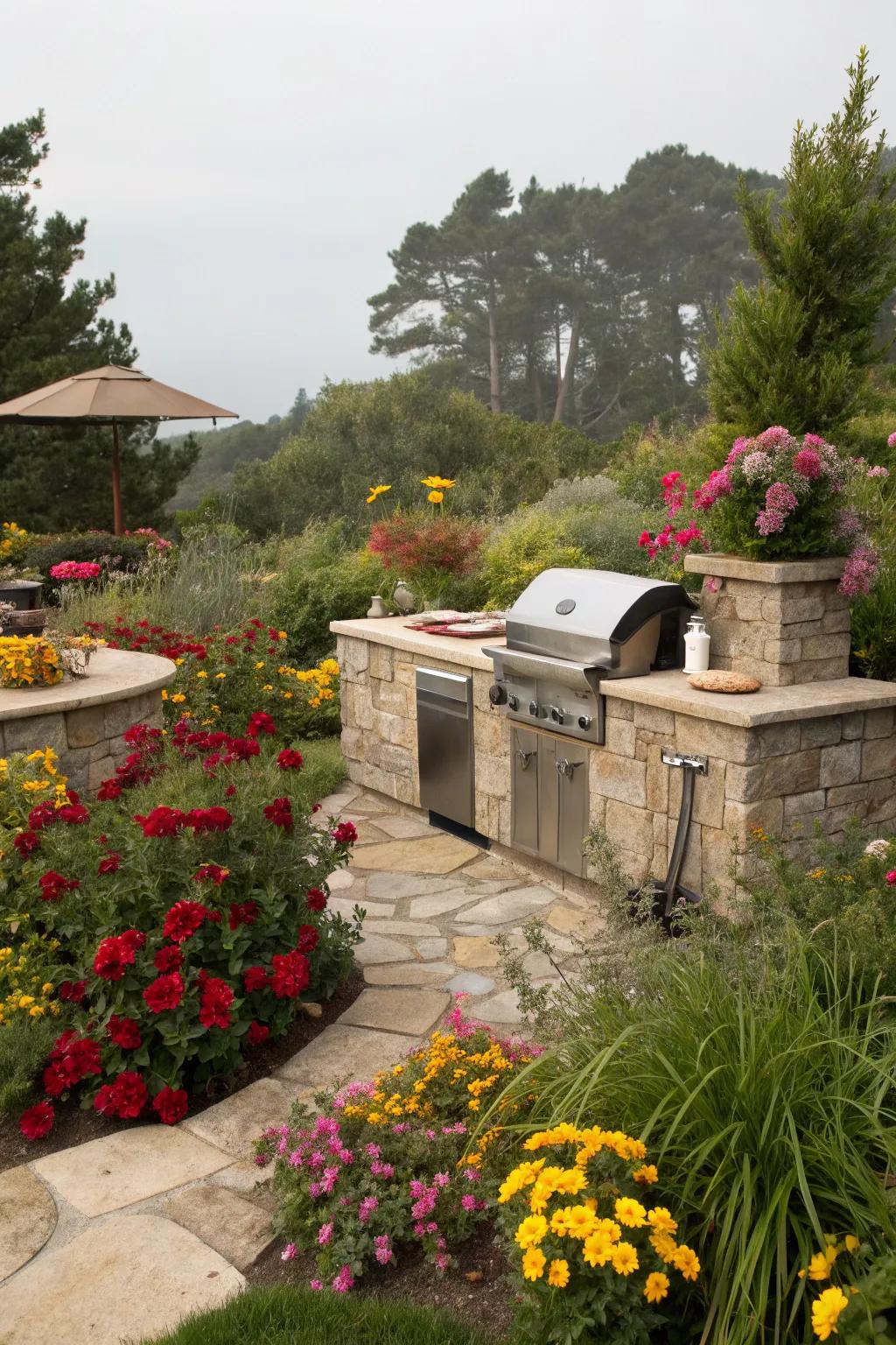Lush plants create a peaceful BBQ setting.