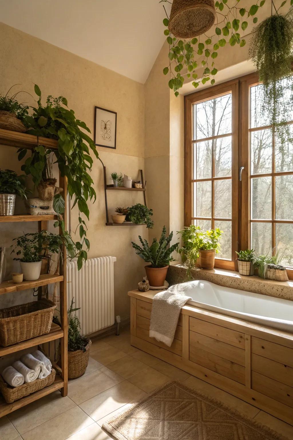 Plants infuse life and vibrancy into a beige bathroom.