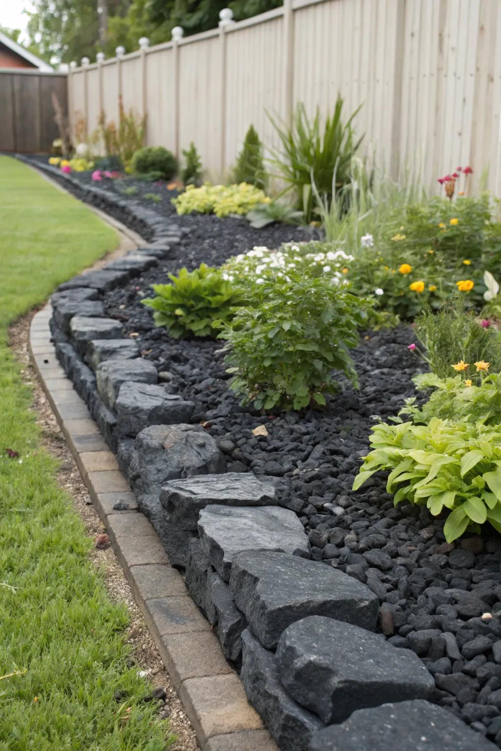 Sharp dark stone borders defining garden areas.