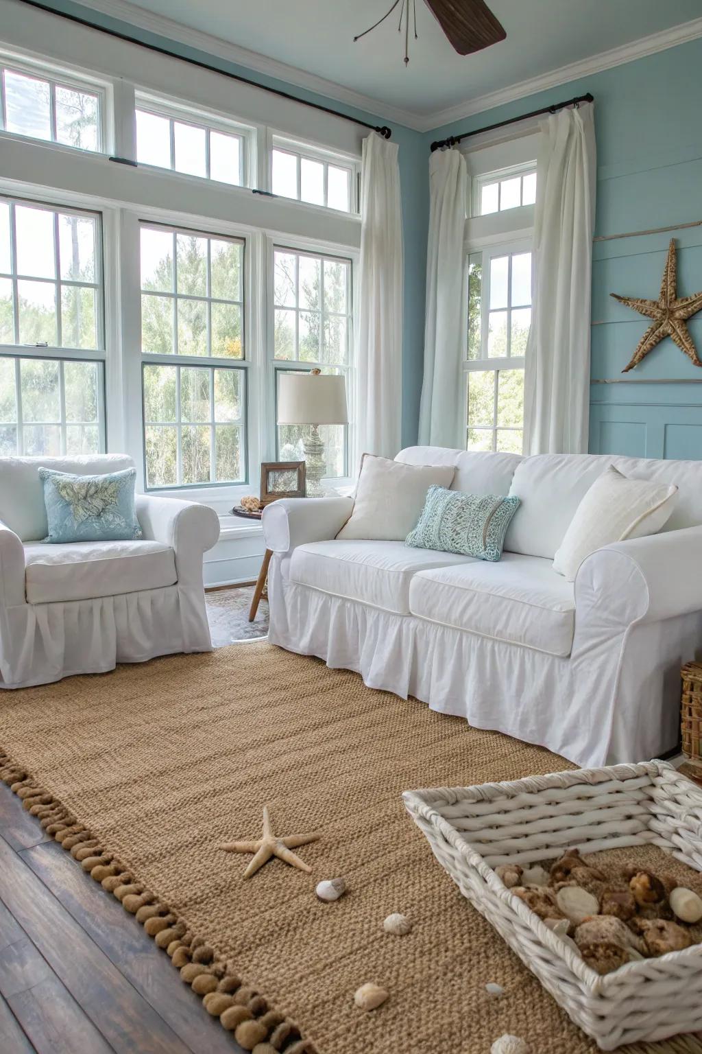 Covered furniture provides a laid-back sophistication.