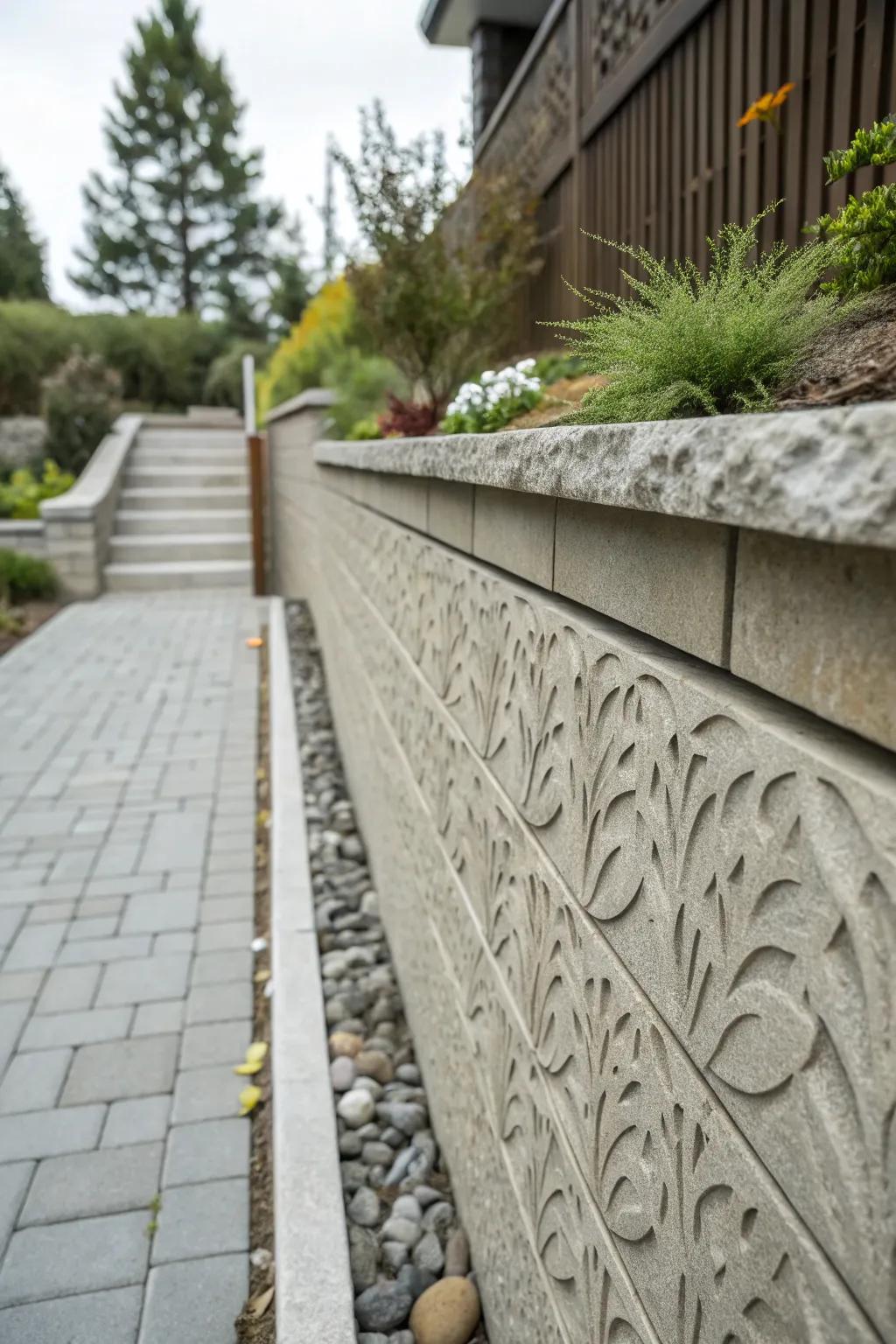 Textured concrete wall enriching the landscape’s depth.