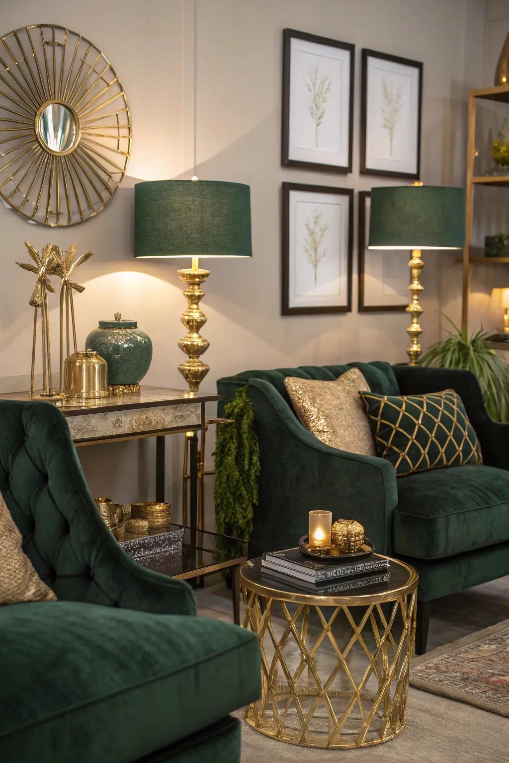 Metallic accents infuse a hint of luxury into deep green themed rooms.