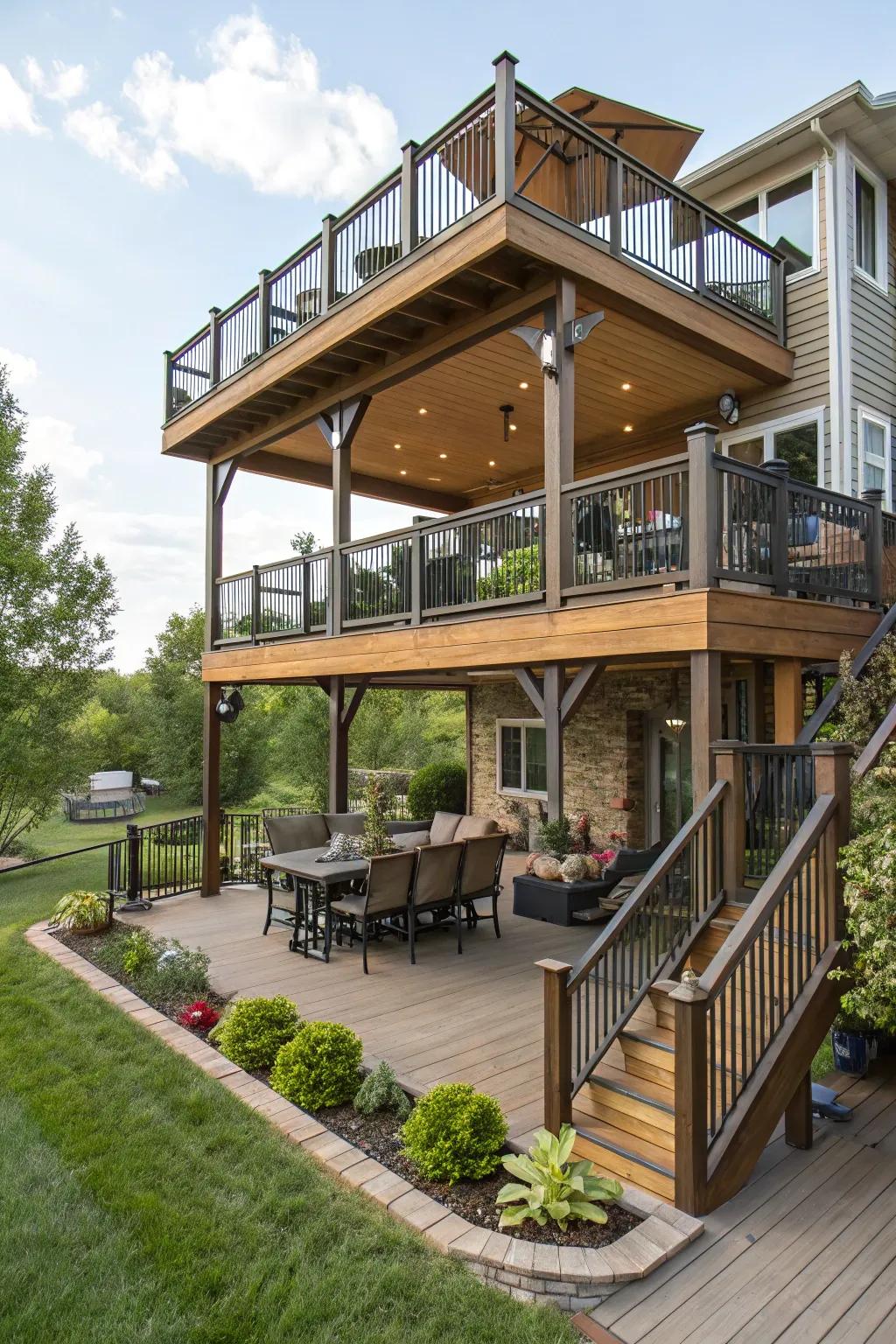 A multi-tiered deck offering separate spaces for various activities.