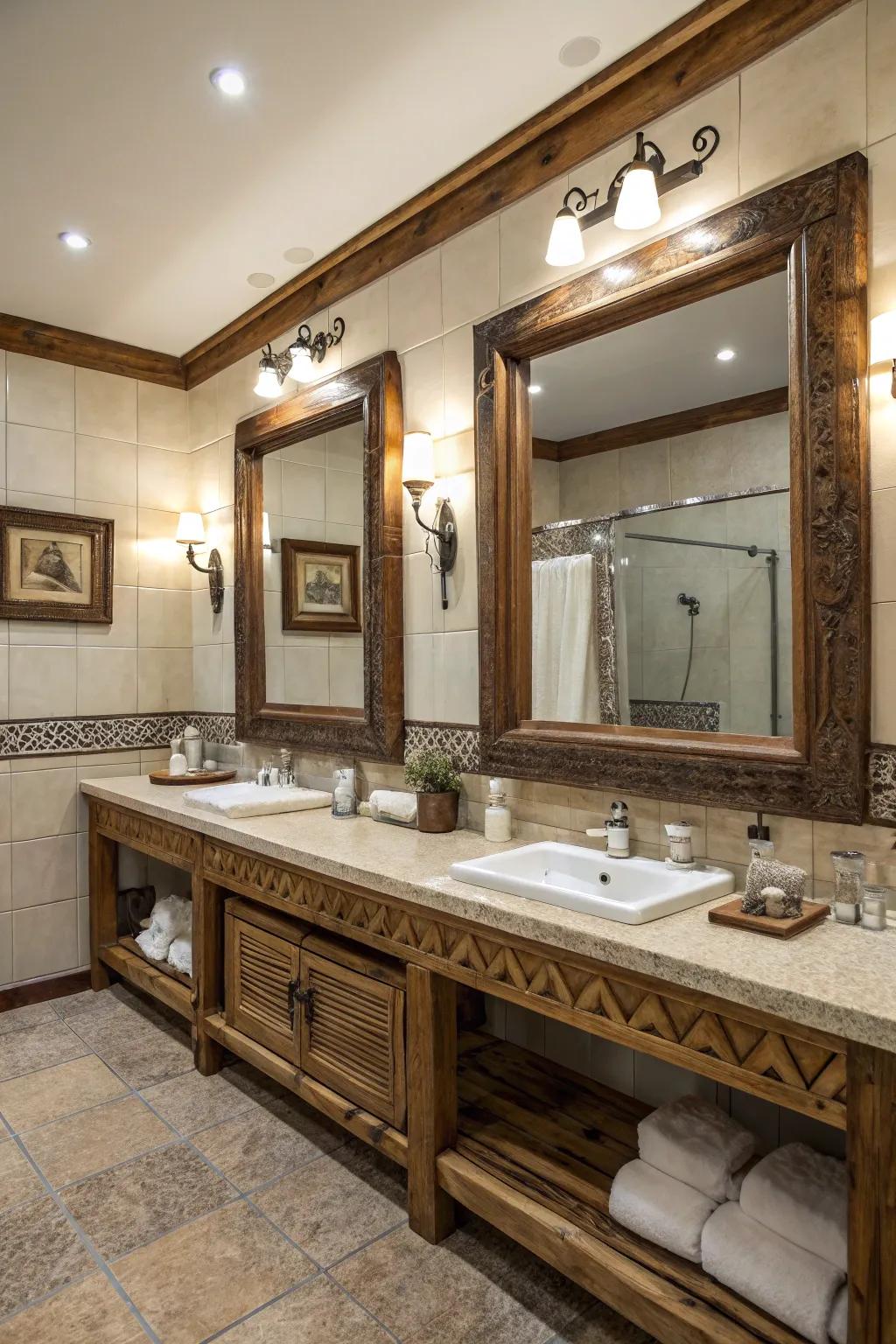 Generous mirrors amplify space and light in this rustic bathroom.