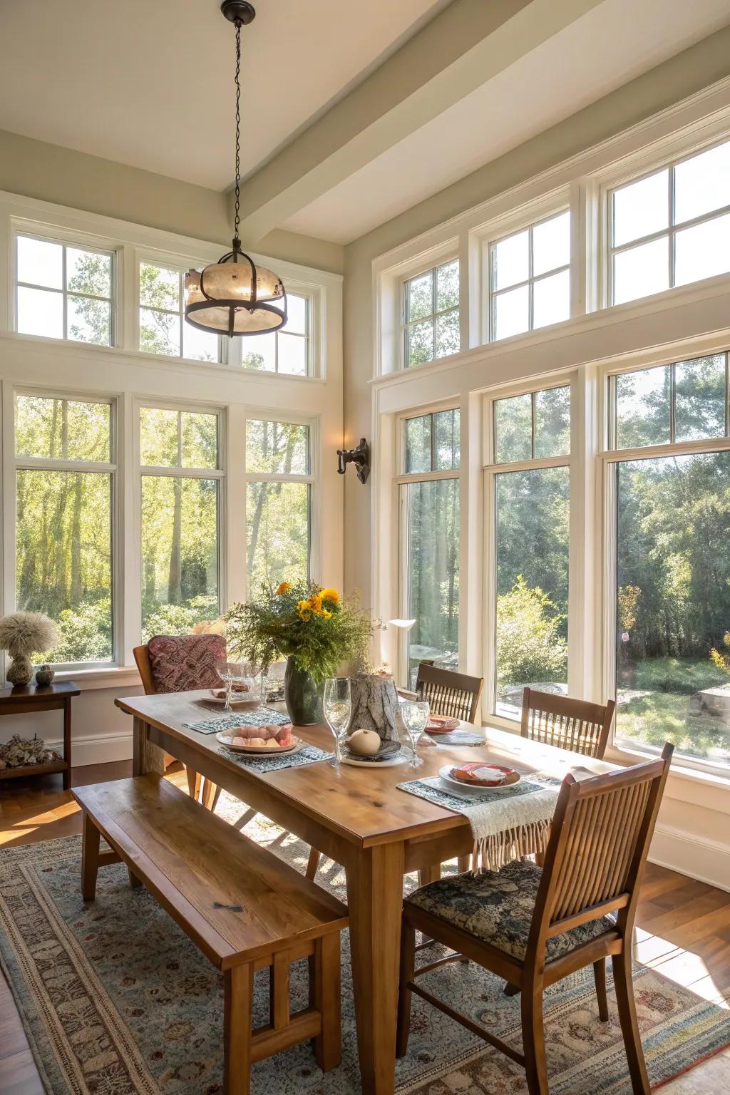 Sunlight enhances the openness of a farmhouse dining space.