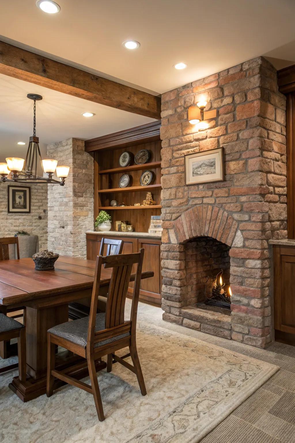 Stone and brick highlights deliver rustic allure to this modern farmhouse interior.