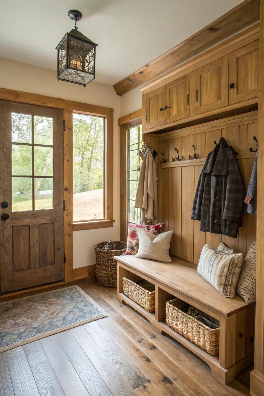 Mudroom showcasing comforting timber components and a snug ambiance.