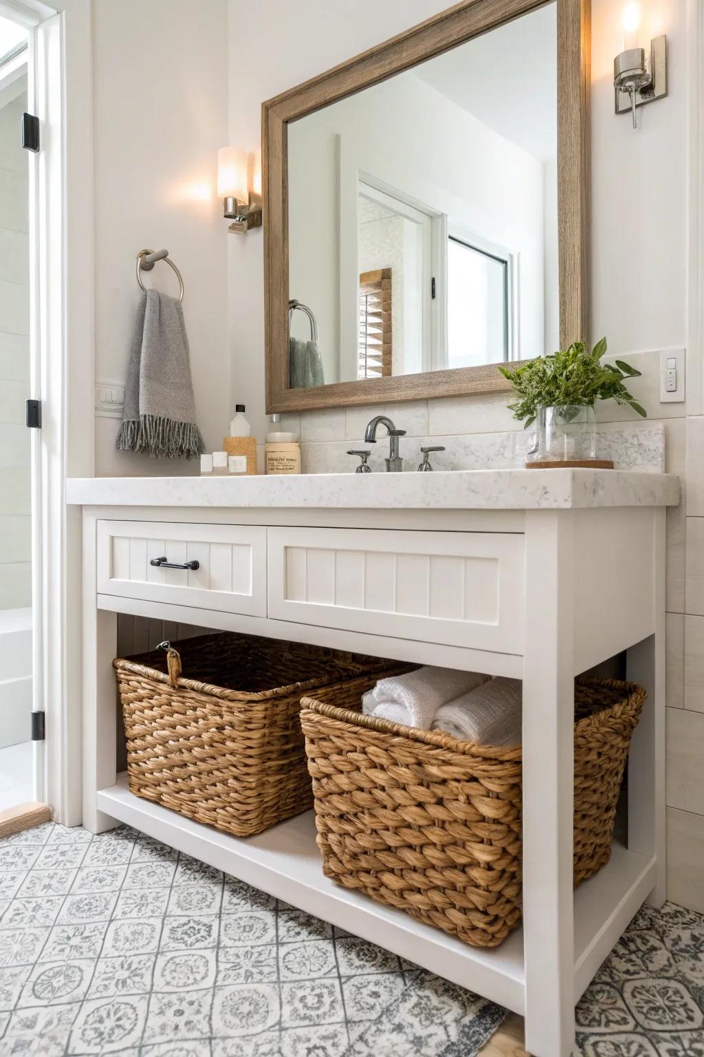 Woven basket closet space below a dresser in a washroom.