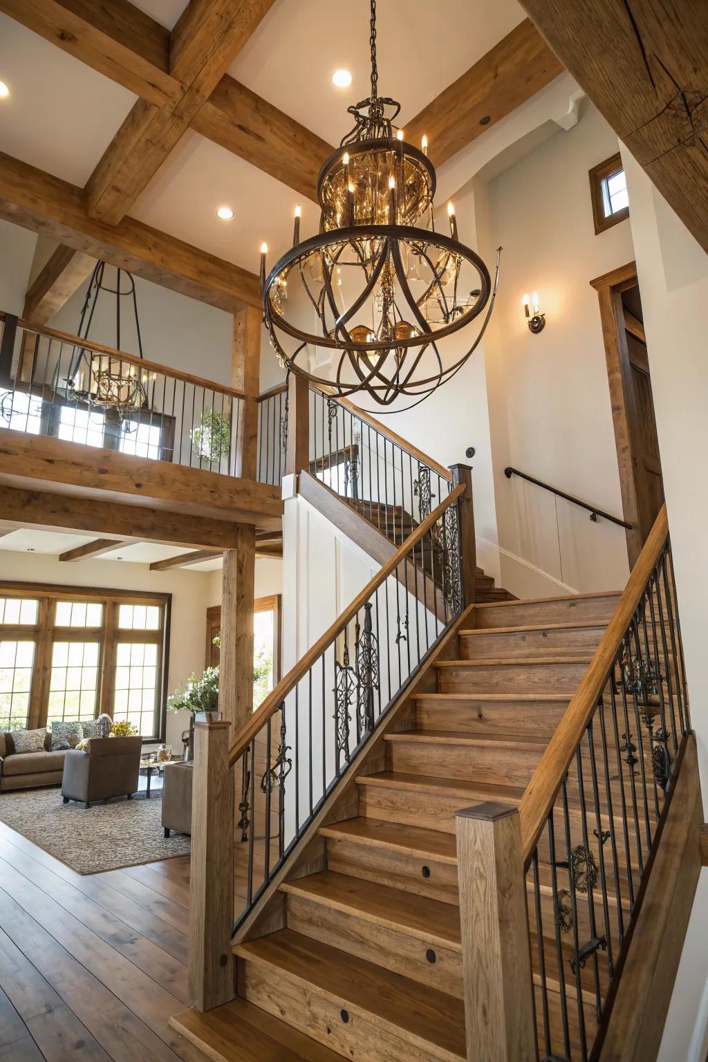 A staircase illuminated by a stunning chandelier, creating an inviting ambiance.