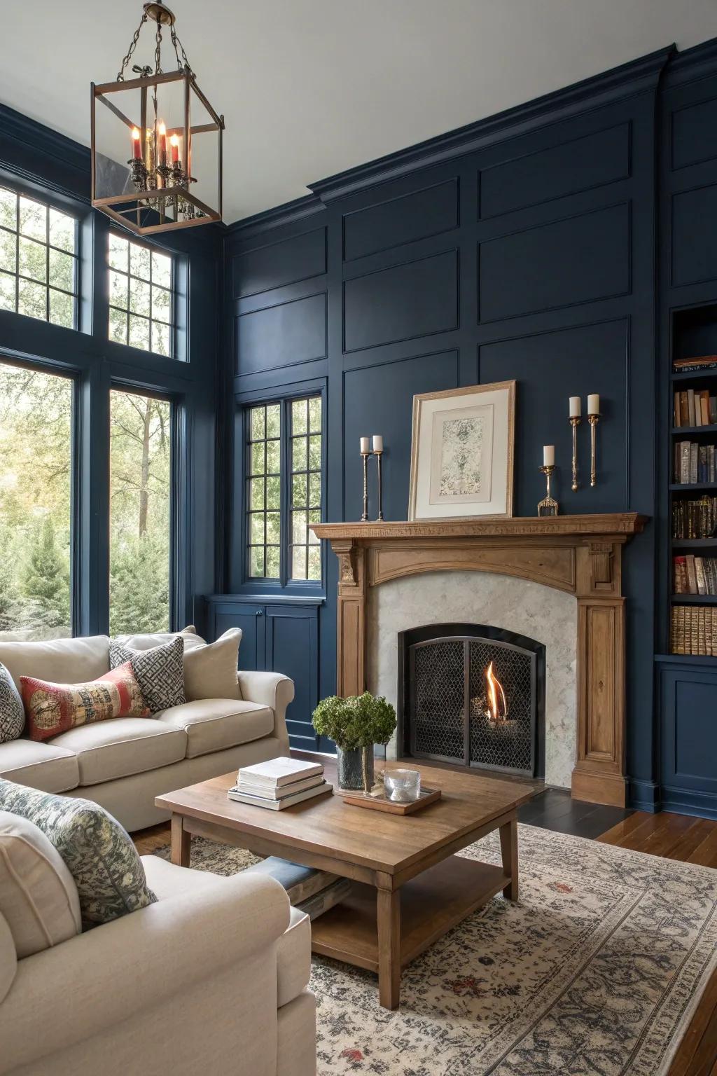 Deep hues introduce drama and coziness to your fireplace surround.