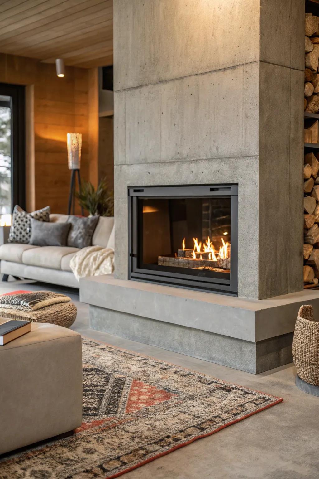 An urban-edged cement firebox introduces a raw aesthetic to the décor.