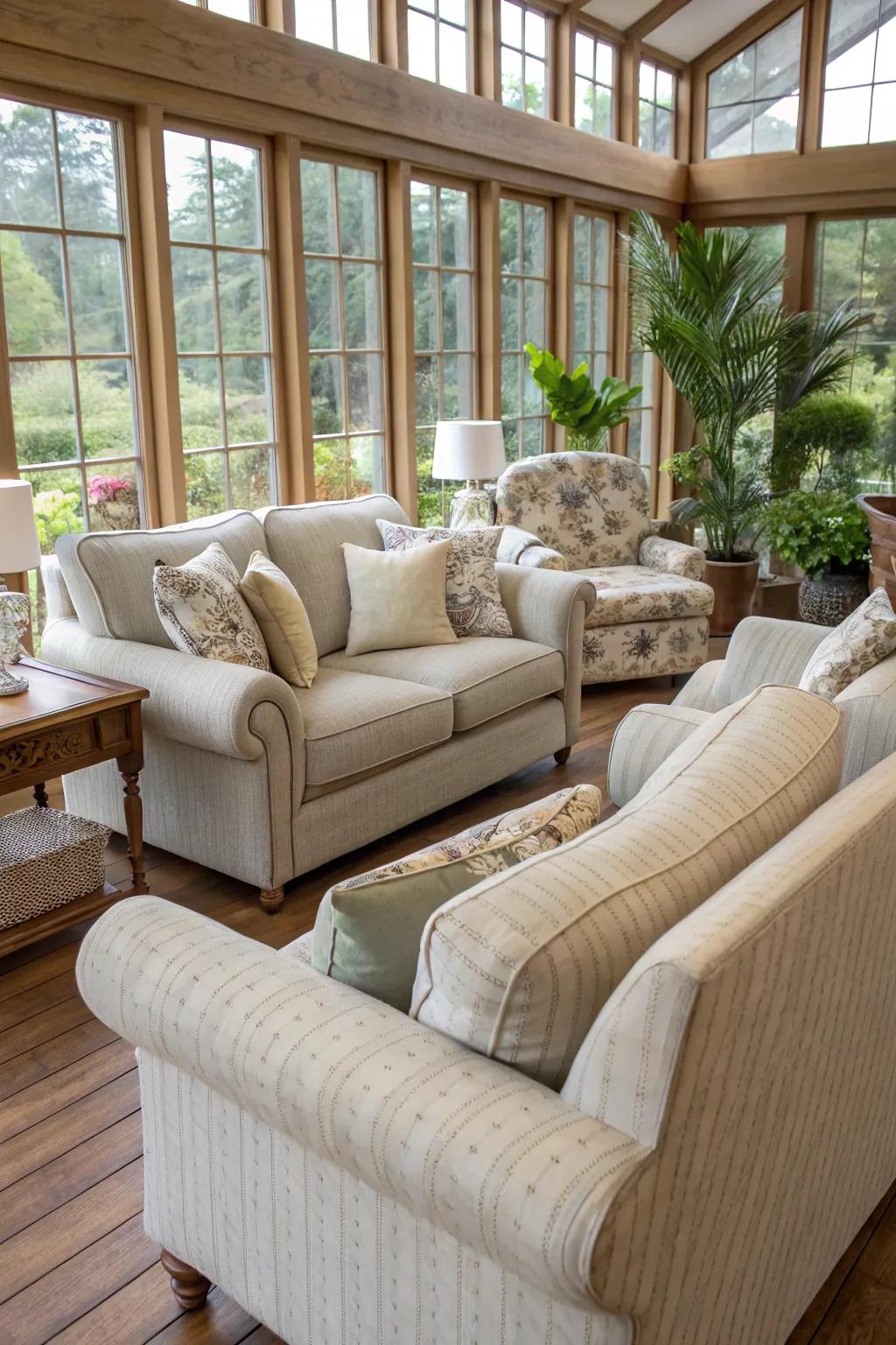 Comfort-driven seating encourages leisure in this inviting sunroom.