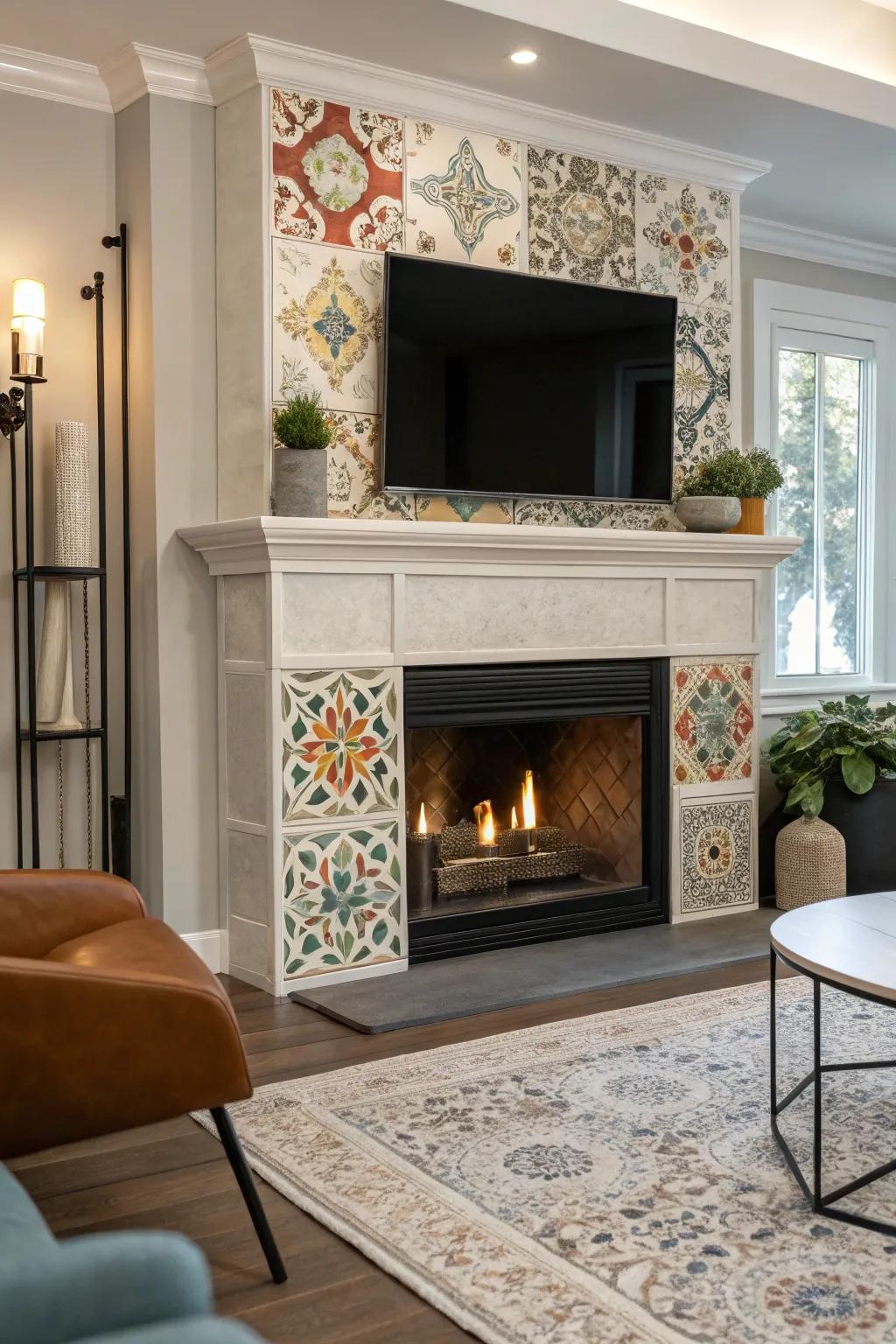 An artistic tile surround that elevates a gas fireplace's design.