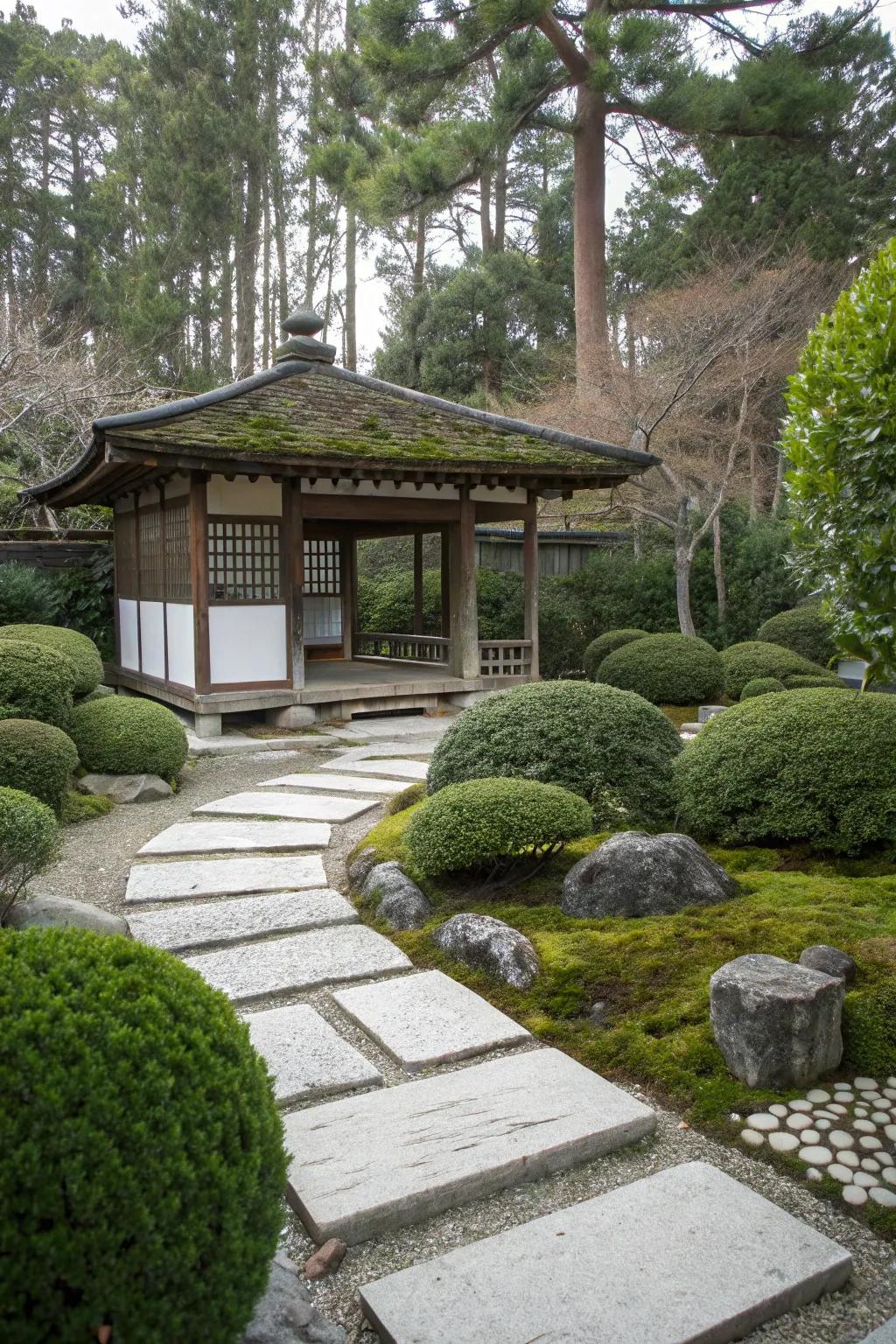 A Japanese Zen gazebo providing a peaceful escape from daily life.