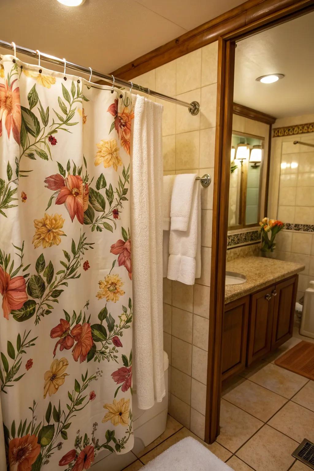 A bathroom adorned with a floral shower curtain and fluffy cloths for a feminine touch.