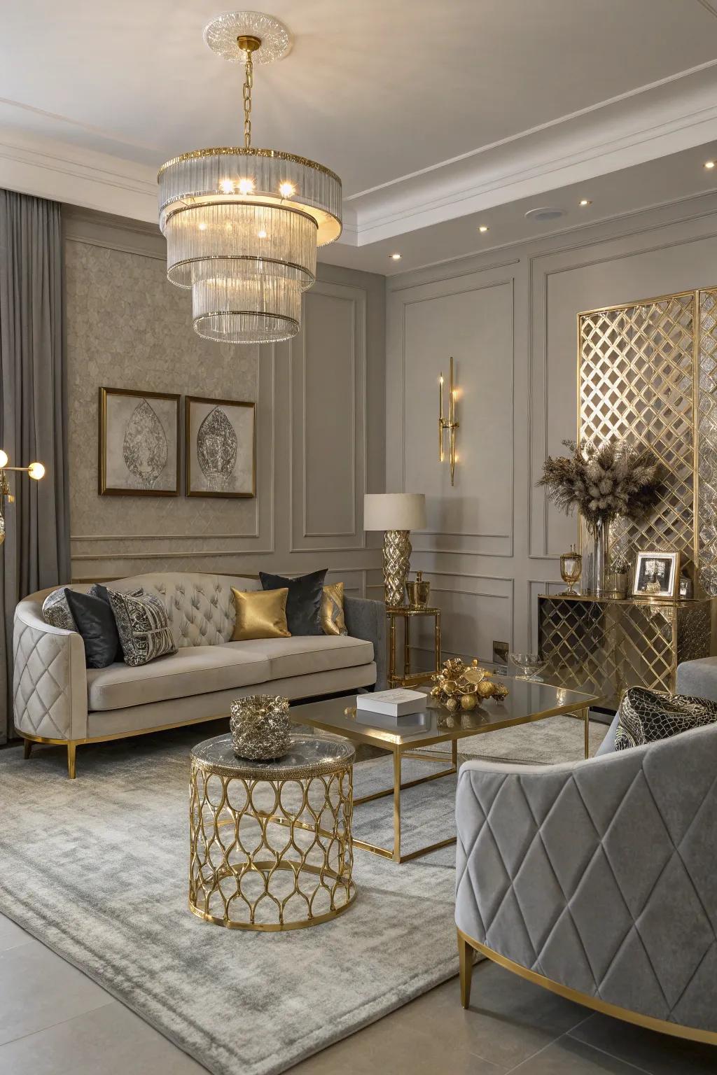 Metallic accents elevate the elegance of the living room.