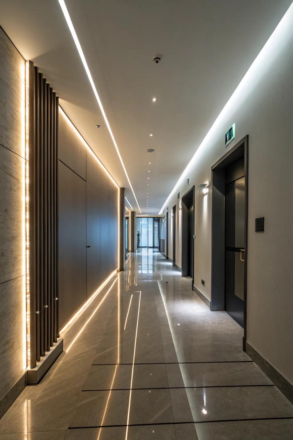LED strip illumination presents a contemporary and atmospheric hallway mood.