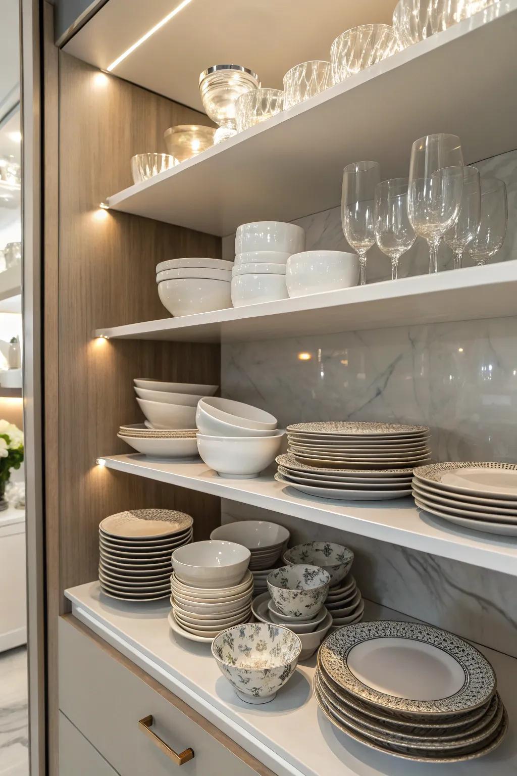 Tastefully displayed serving sets enhance the display cabinet's practicality and flair.