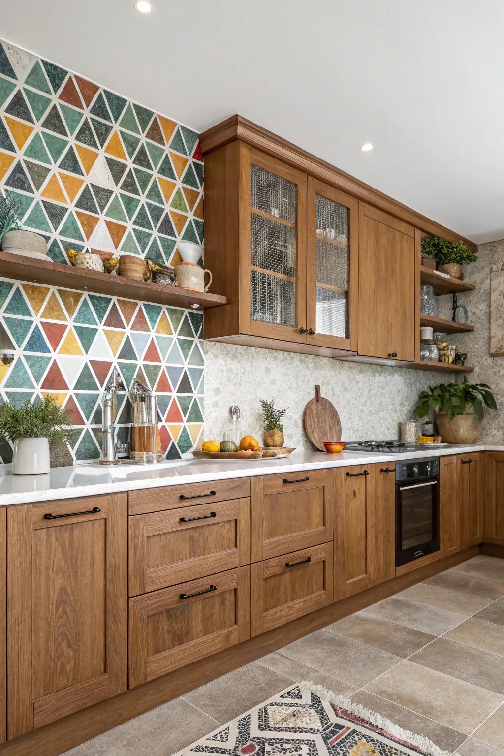 A modern splashback contributes individuality and depth to cooking spaces with timber vanities.