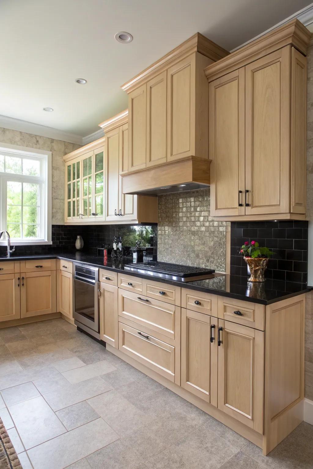 A dual-tone design employing light oak cabinets enriches visual depth and flair.