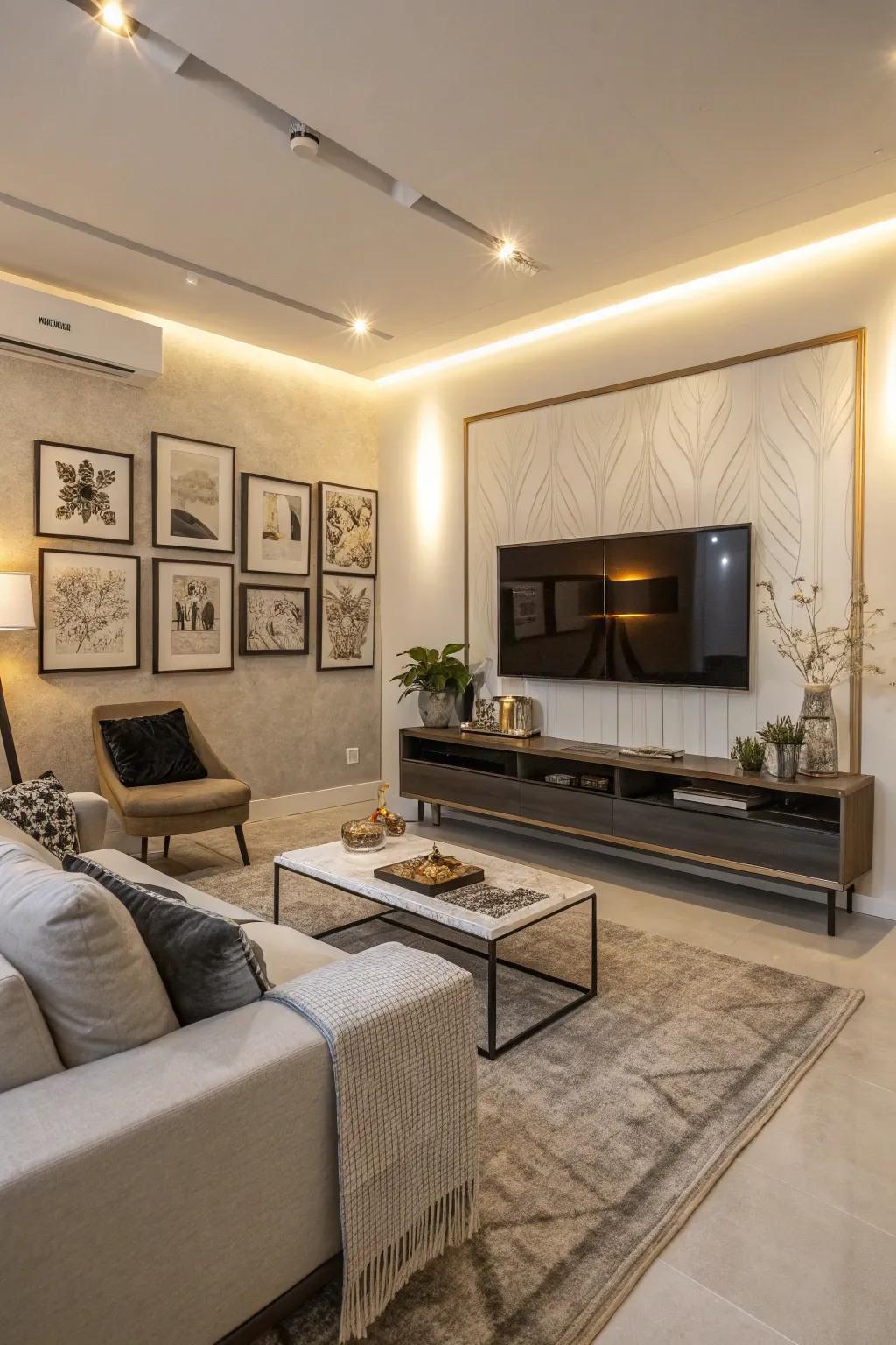 Distinctive décor pieces contribute personality to a modern lounge.