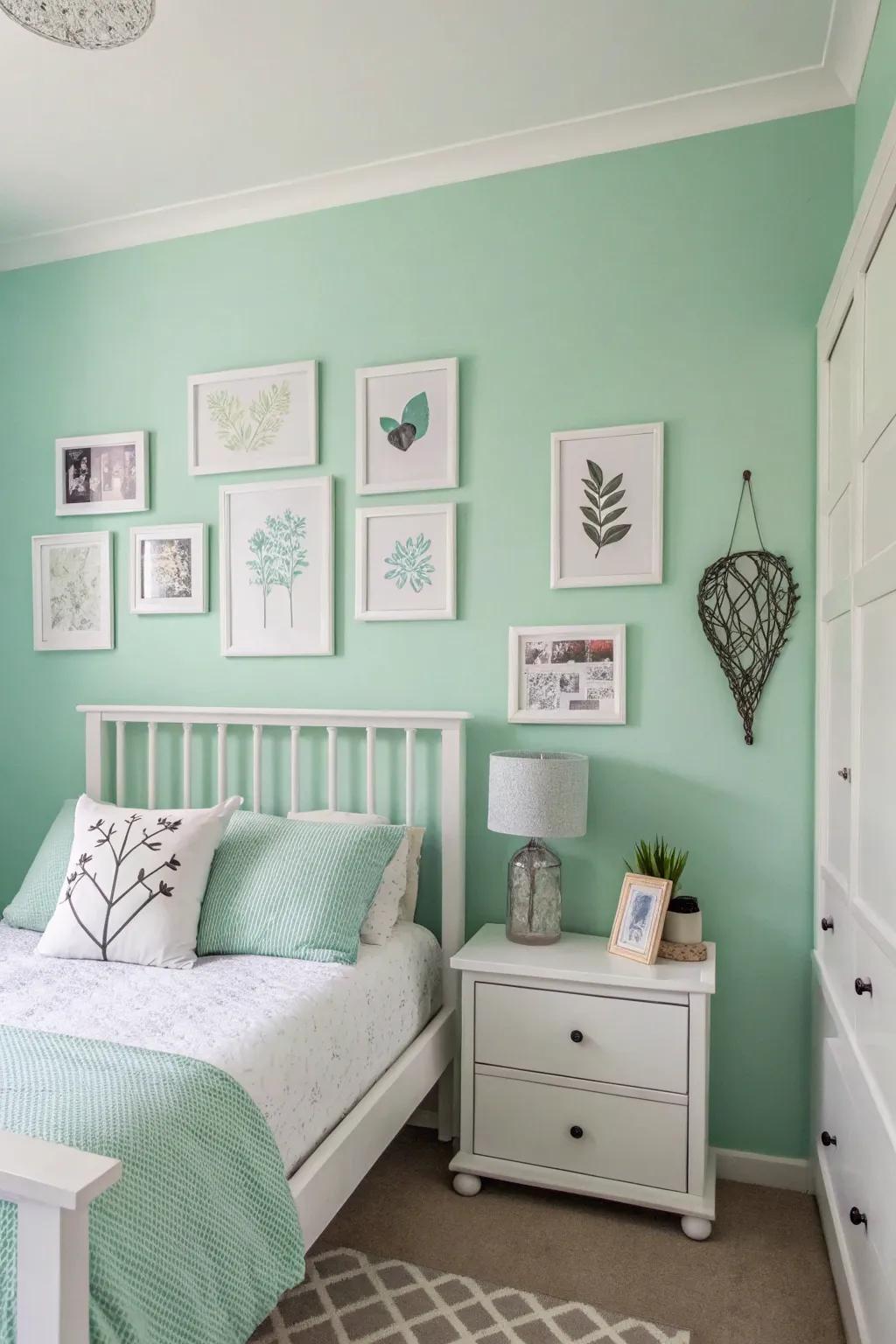 Minimalist art adding elegance to a seafoam serenity bedroom.
