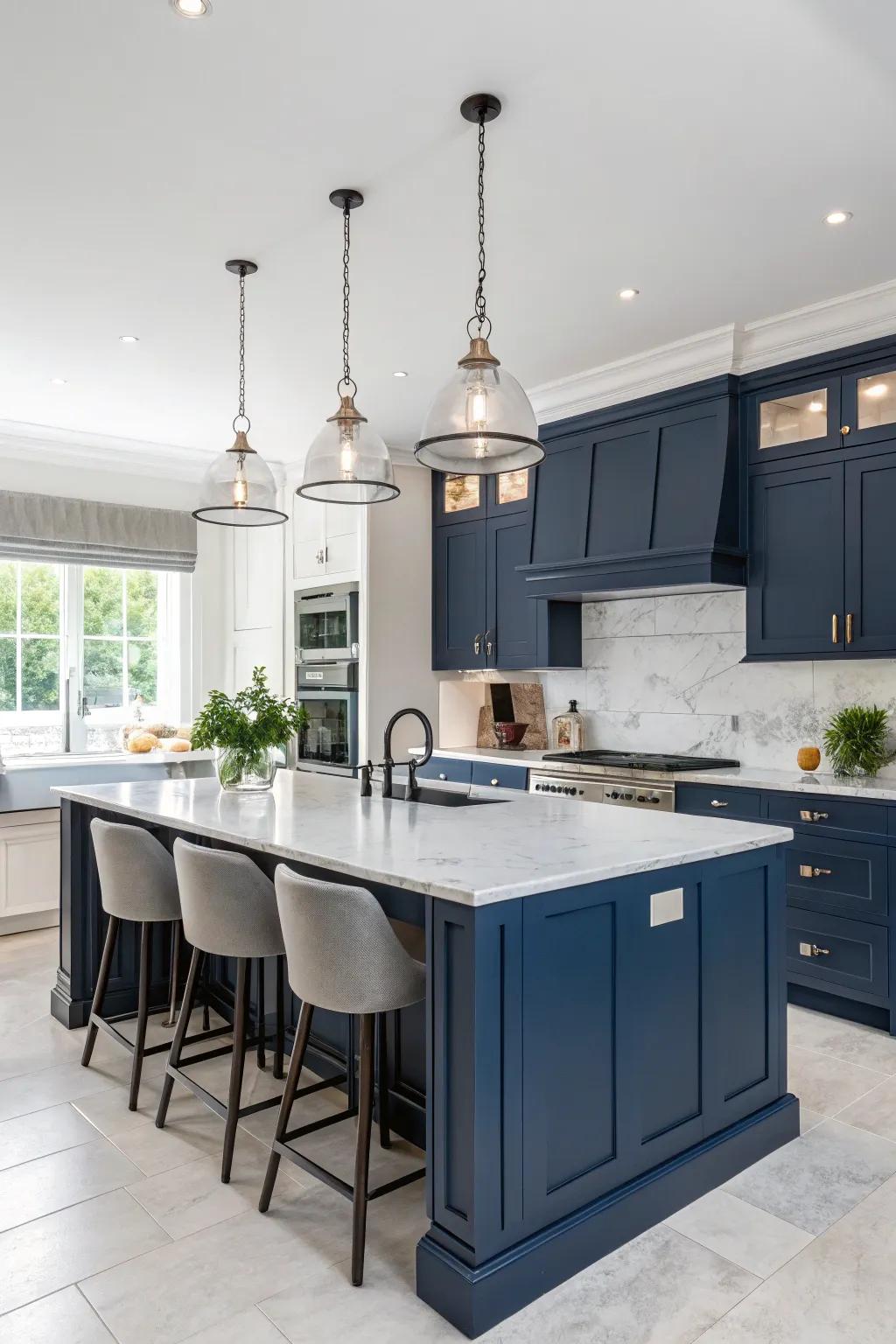 Hanging lights show off the dark blue cabinets.