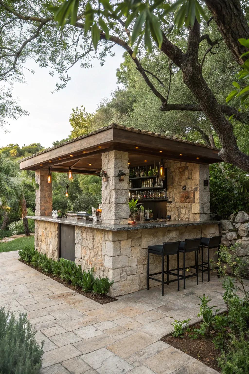 A rustic stone bar that blends harmoniously with its natural surroundings.