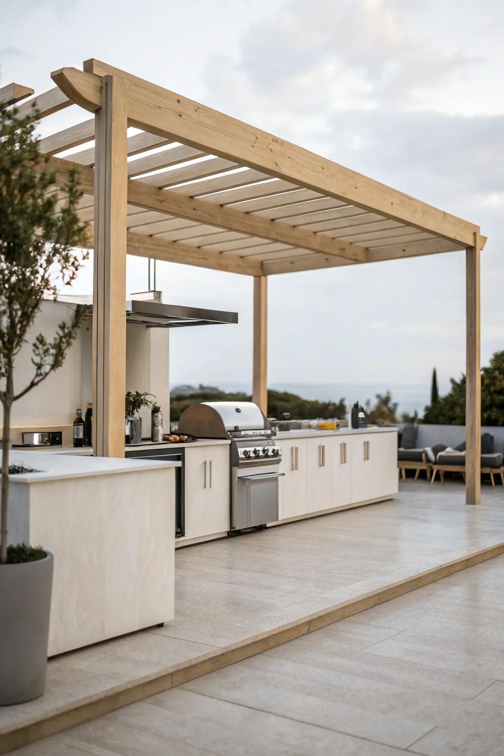 Minimalist pergola enhancing a sleek outdoor kitchen.