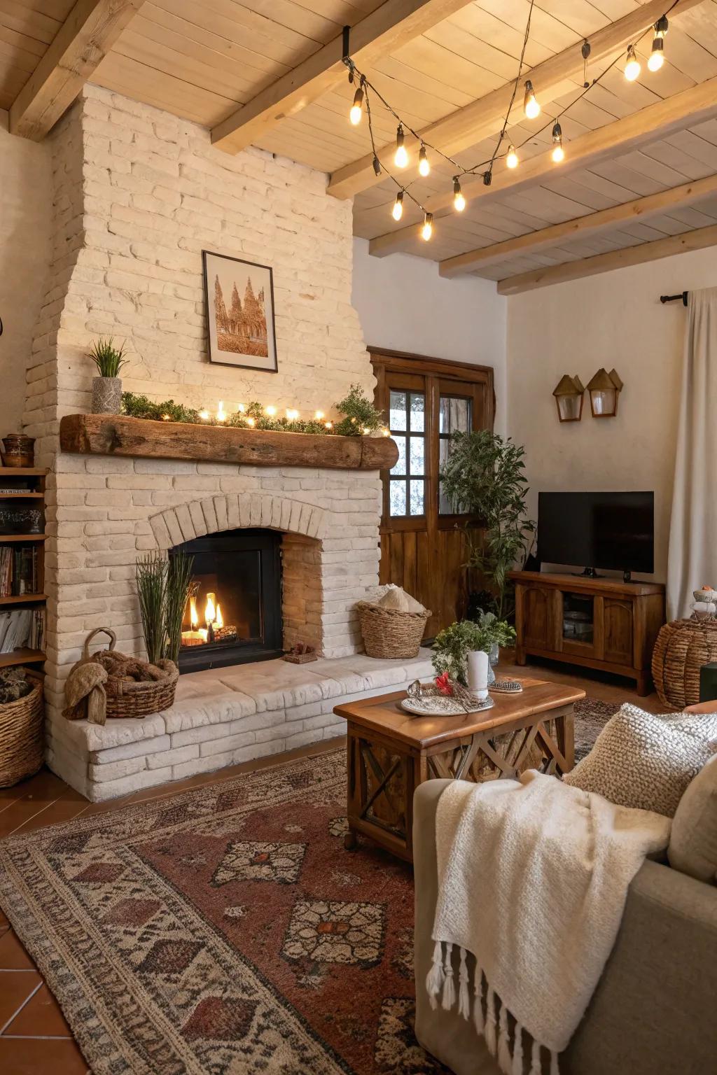 Grounded-toned painted brick fireplace radiates warmth and appeal.