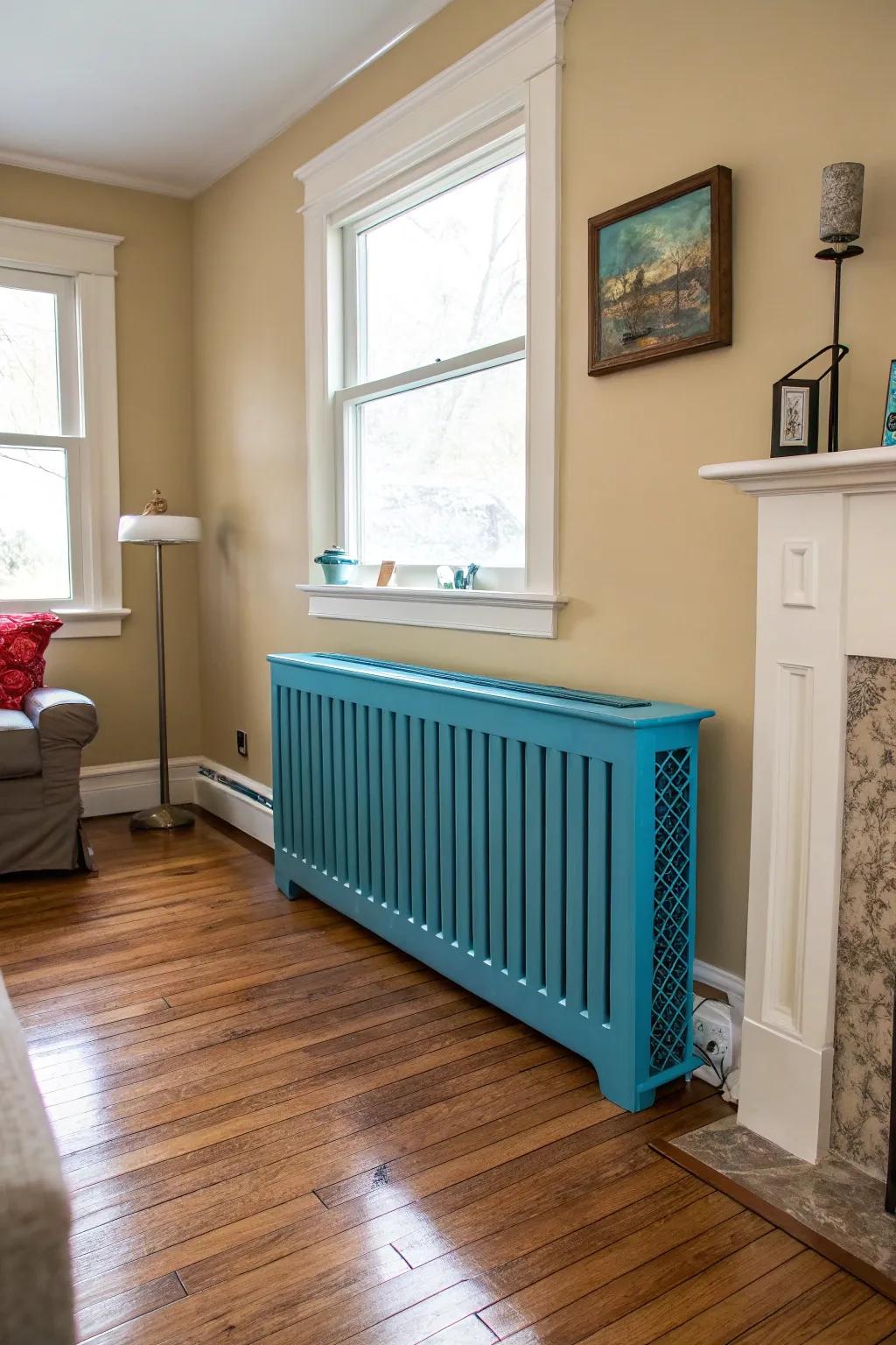 A painted radiator shield that acts as a vibrant focal point.