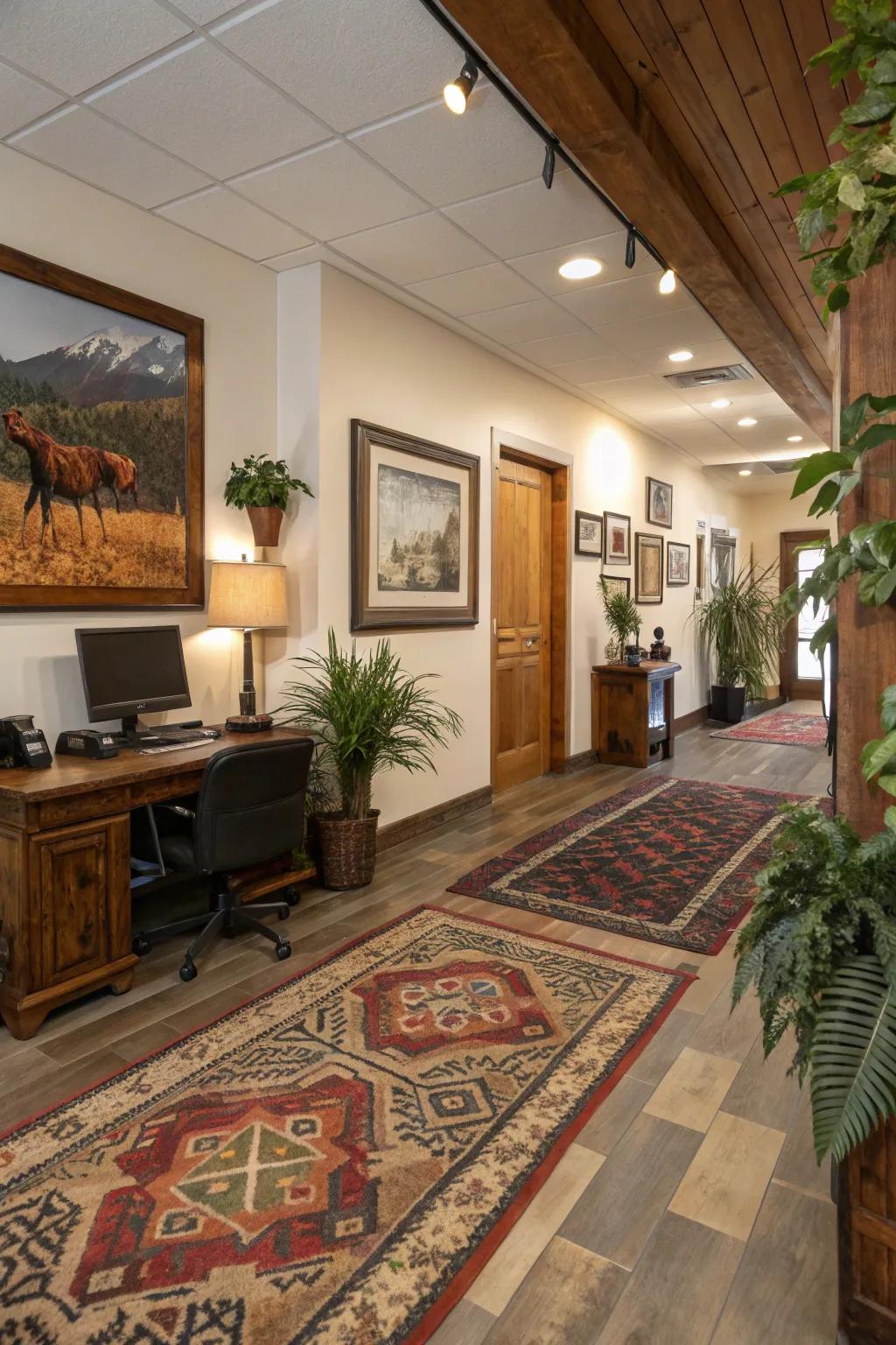 Ornamental touches add personality and warmth to a rustic office.