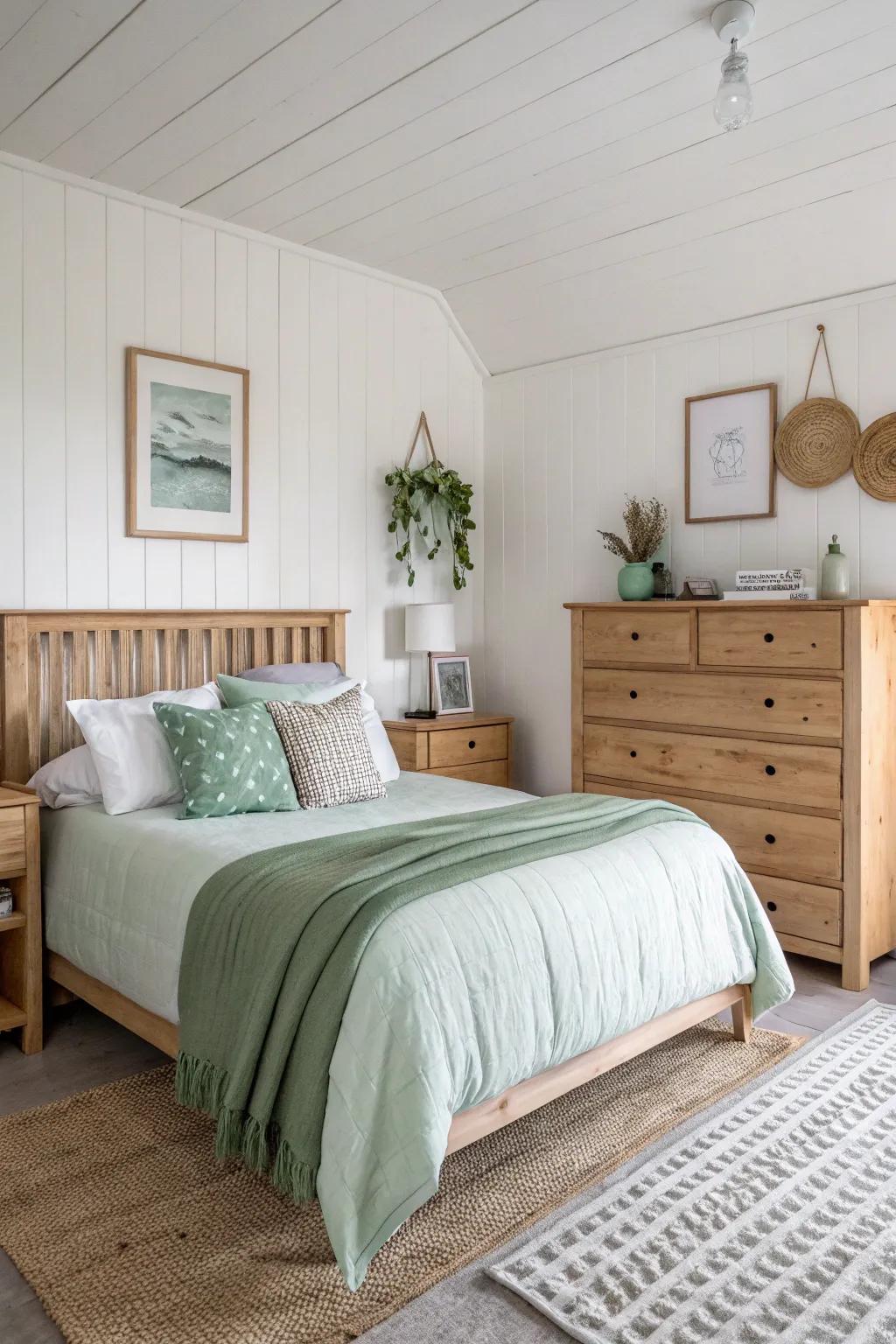 A soft green and off-white scheme delivers a refreshing and calming environment.