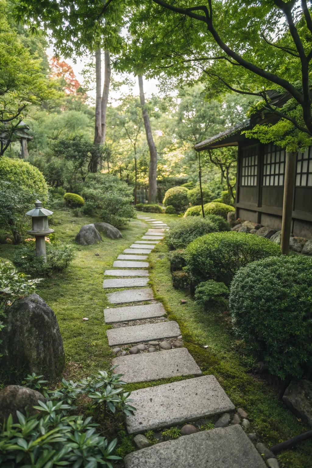 Stone pavers gracefully delineating walkways within a small garden.