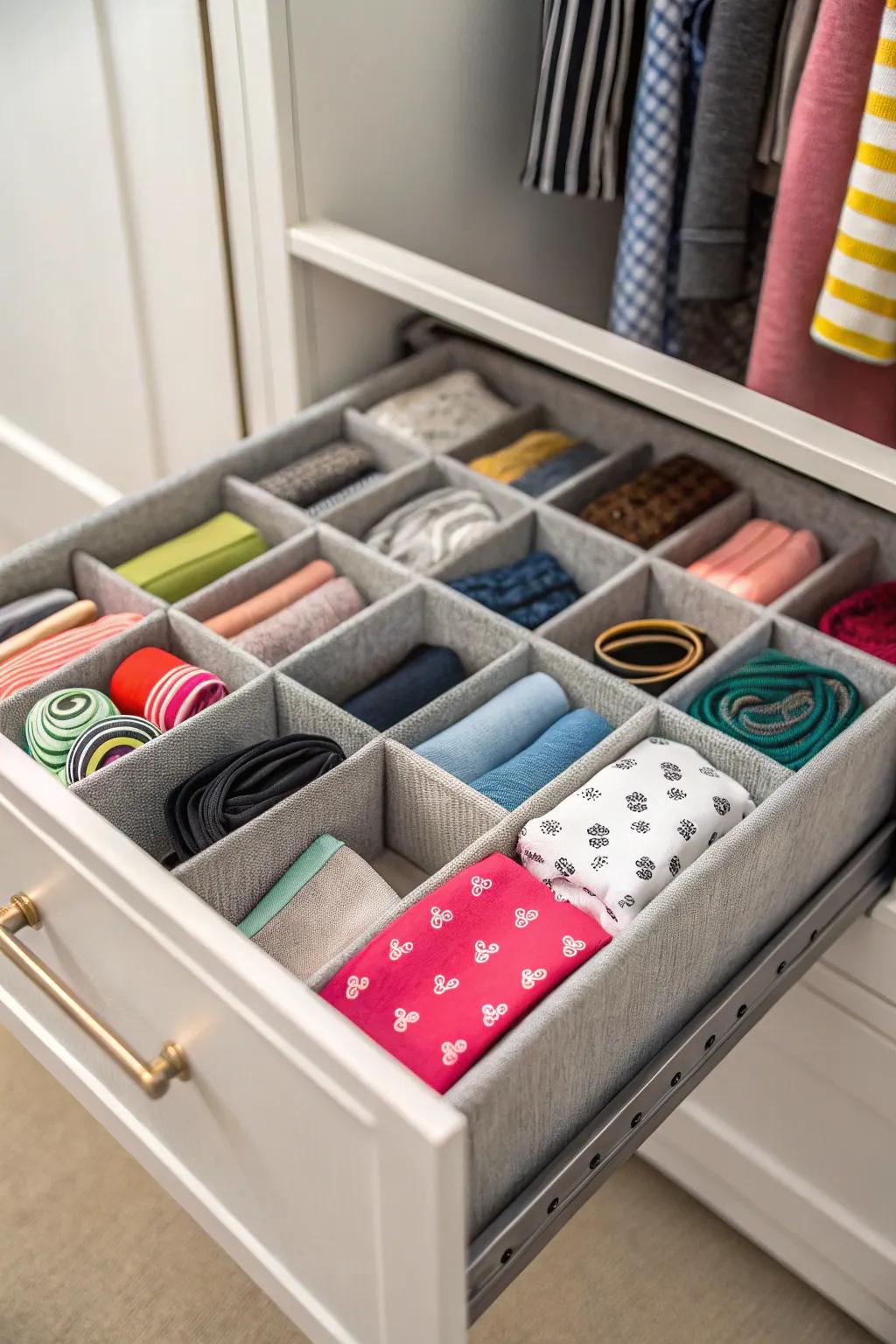 Drawer separators maintain small items neatly arranged and accessible.