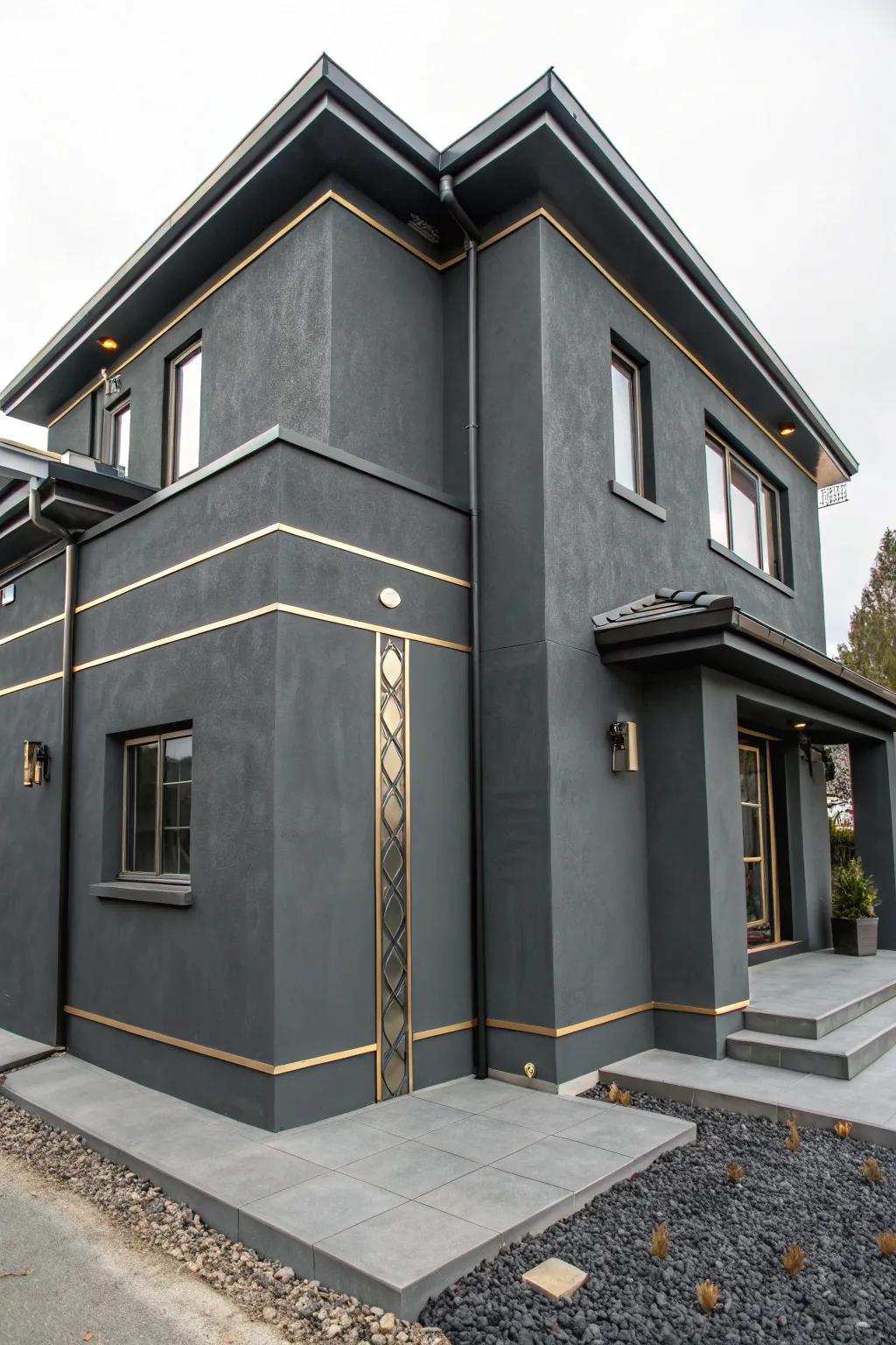 Striking coal stucco house with striking features.