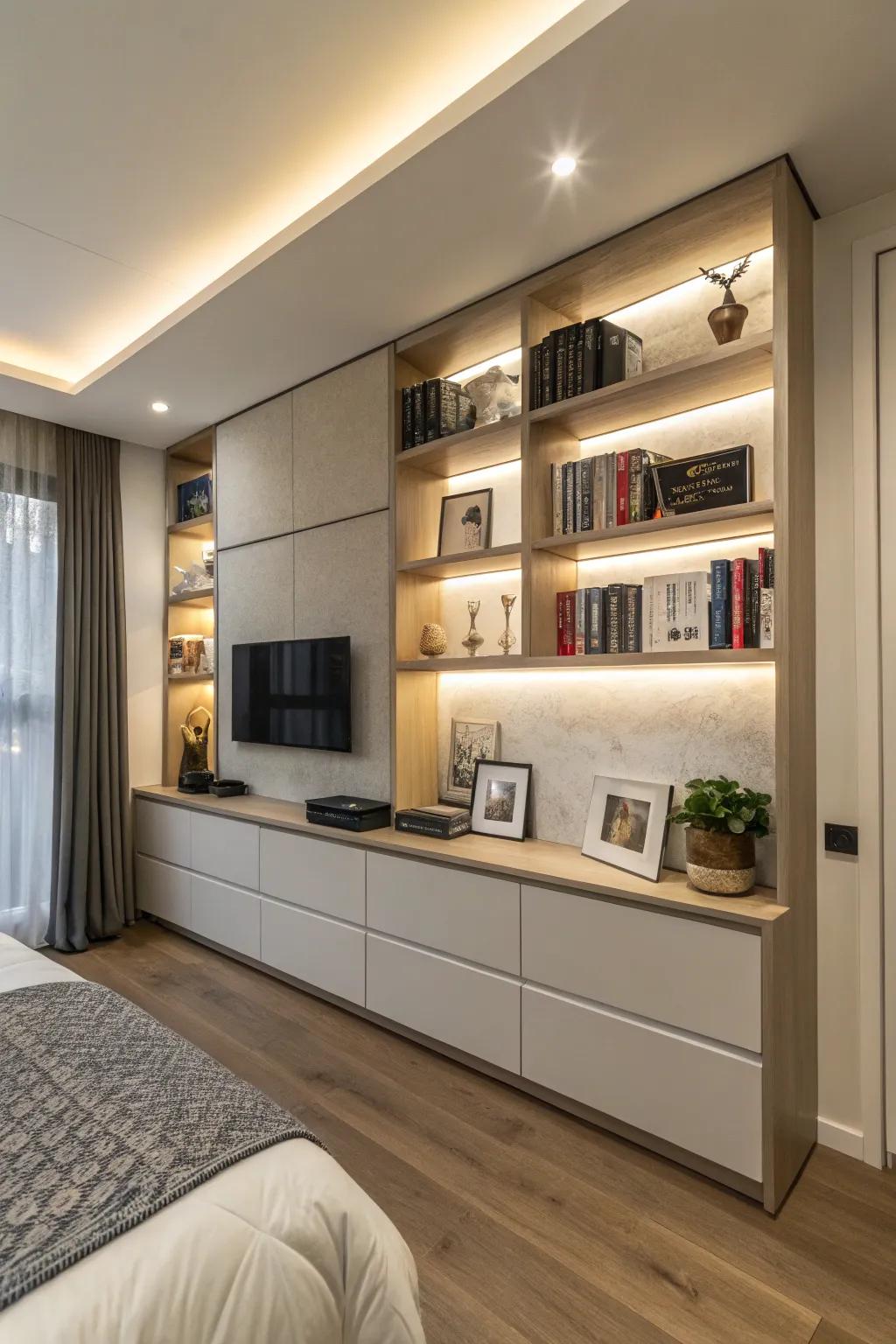 A studio apartment featuring clever storage options including built-in cabinets and wall-mounted shelves.
