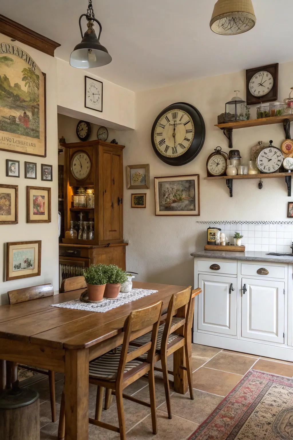 Antique decor enriches the cooking space with character and history.