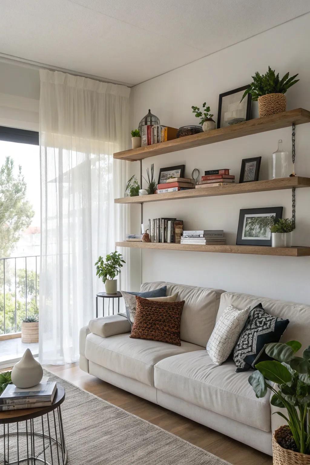 Wall-mounted shelves provide storage and style.