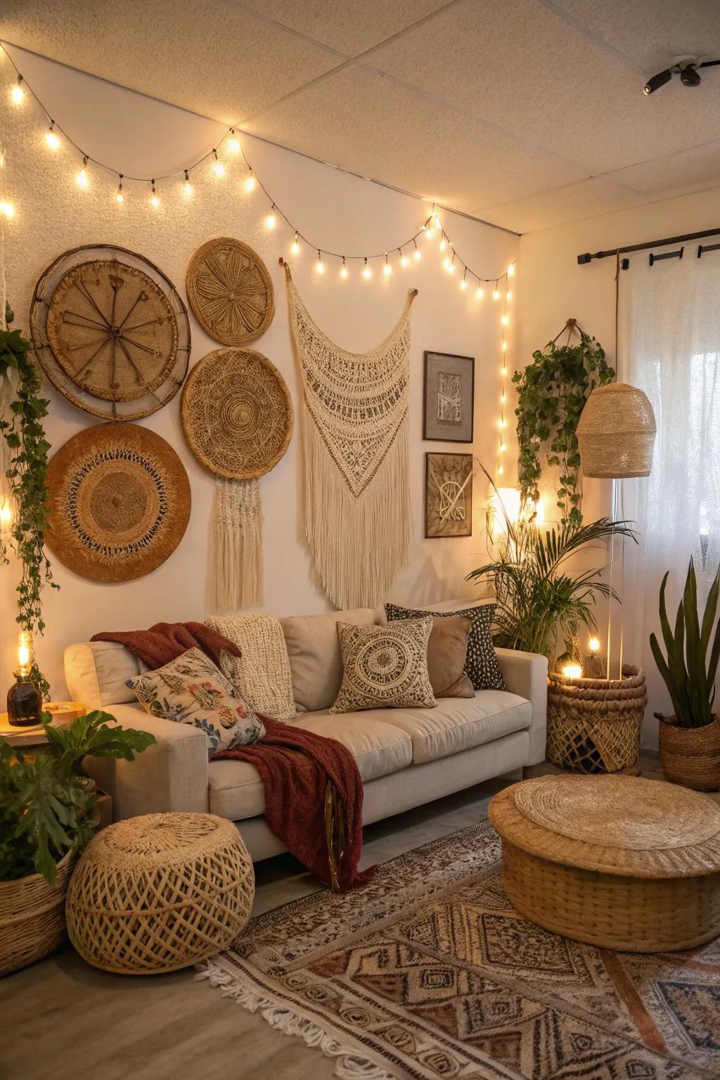 Wicker wall adornments adding warmth to a free-spirited living space.