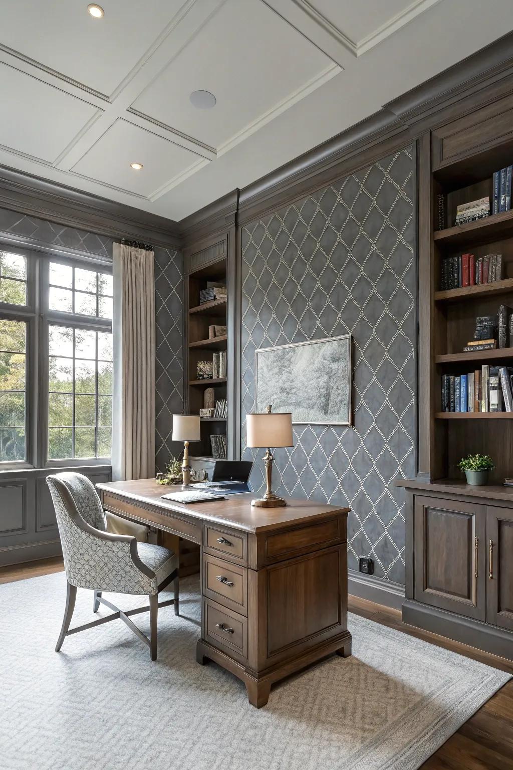 Single-tone wall decor creates a sophisticated home office.