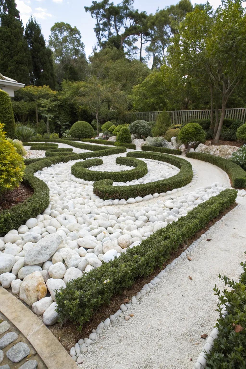 A tidy garden with pale stones, defined by sleek metal or timber borders.