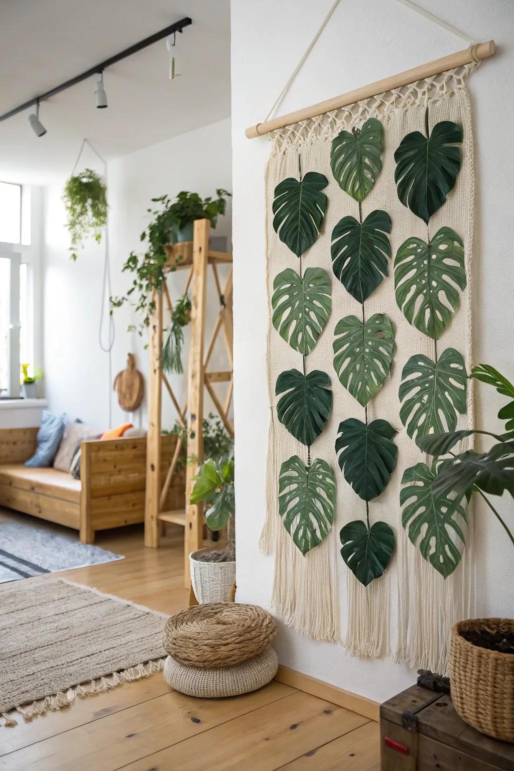 A do-it-yourself wall hanging made with man-made monstera leaves in a studio.