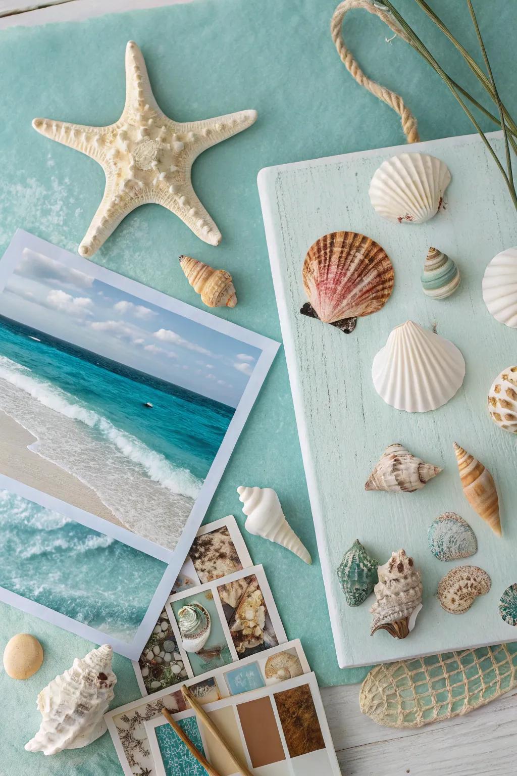 A coastal-themed mood board exhibiting oceanic hues and grainy textures.