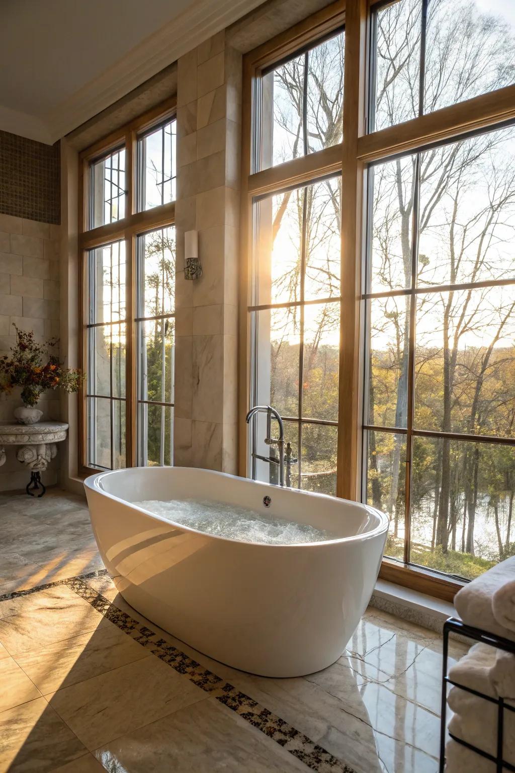 Autonomous soaking tubs act as an opulent focal point.